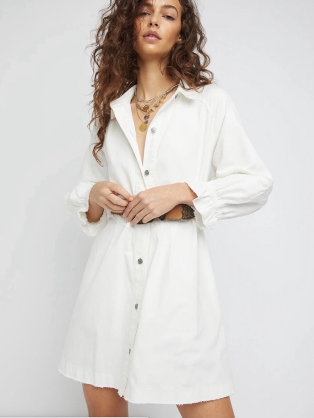 Free People We The Free Hannah Denim Mini Shirt Dress Cream XLRaw Hem